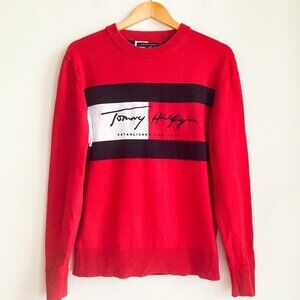 Tommy Hilfiger Red LArge Spellout Logo Long Sleeve Cotton Top M